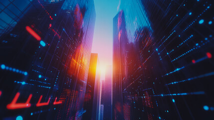 Obraz premium Smart digital Innovation city with connection network reciprocity over the sunset cityscape. of future wireless digital city and social media networking systems that connects people with in city