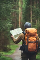 Fototapeta premium A backpacker standing at a crossroads in a forest, looking at a map for direction, with tall trees framing the scene and space for text on the side