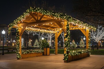 Obraz premium Outdoor pavilion decorated for Christmas with white lights, greenery, and garland, set at night with city square, decorated trees, and street lamps.