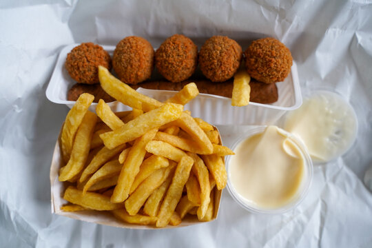 Belgian Fries with 'Bitterballen' and a 'Frikandel'