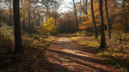 Obraz premium Serene Autumn Pathway Through Golden Forest in Soft Morning Light