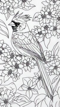 Coloring page featuring a bird among flowers showcasing intricate designs for relaxation and creativity