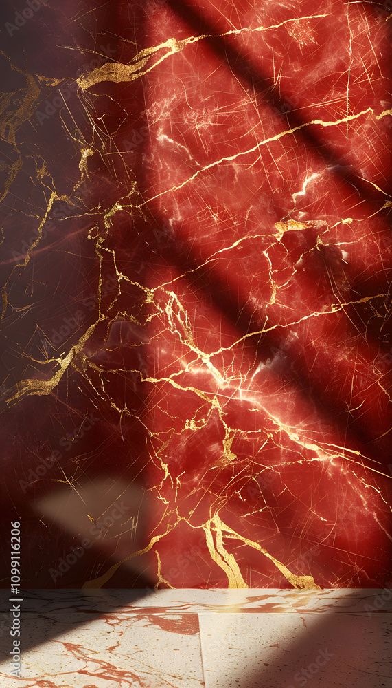 Poster a close-up of a red marble wall with golden veining and shadows creating depth.
