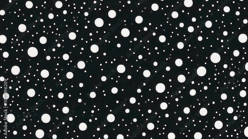 Poster a pattern of white circles on a black background, creating a visually striking design.