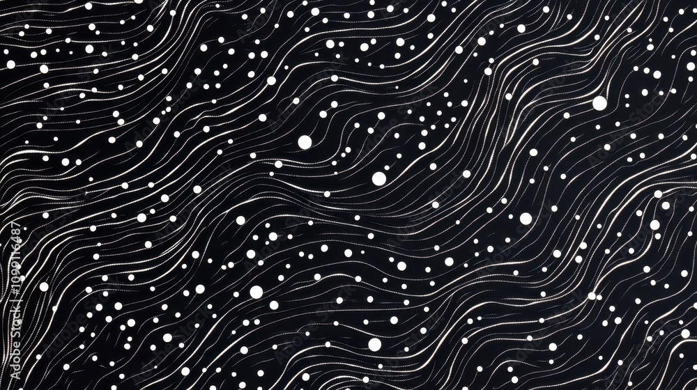 Aufkleber abstract design featuring flowing lines and scattered dots on a dark background.