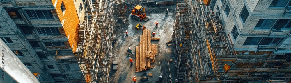 Poster a construction site with workers and machinery amidst scaffolding and building structures.