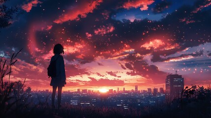 Obraz premium Girl watching sunset over city skyline. Evening cityscape, dreamy atmosphere.