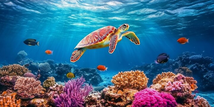 A vivid underwater coral reef scene with colorful corals, schools of fish, and a sea turtle swimming gracefully. The water shimmers with the last light of the day