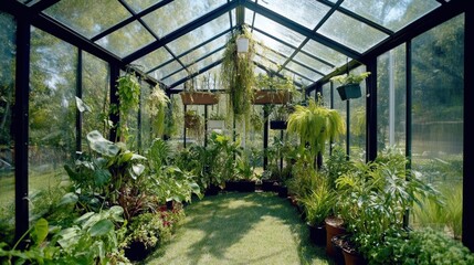 Fototapeta premium A vibrant greenhouse filled with various plants, showcasing a lush indoor garden environment.