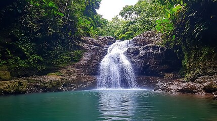 Obraz premium A dense jungle canopy with a hidden waterfall cascading into a pool below