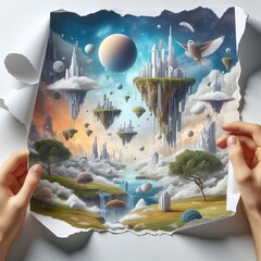 Surreal Dreamscape White ripped paper with surreal images like f