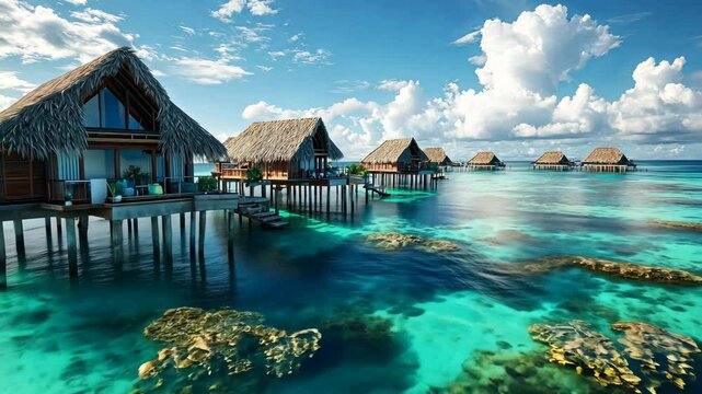 Tropical island with thatched-roof huts on stilts over the water, surrounded by turquoise lagoons and coral reefs. . 4K Video