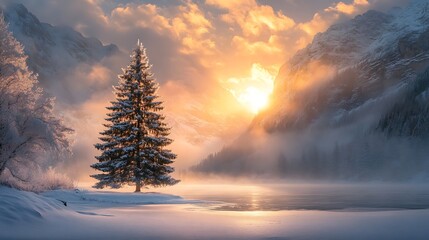 A serene snowy landscape with a lone pine tree under a soft morning light