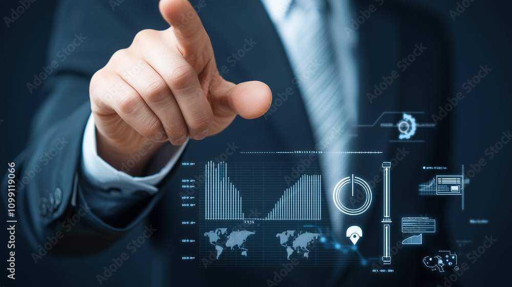 Poster strategic vision: a businessman interacts with a futuristic holographic interface, showcasing dynami