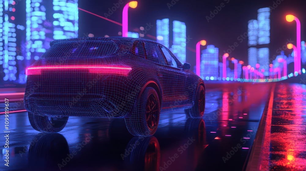 Poster futuristic road scene with a rear-view suv wireframe in high-resolution 3d.
