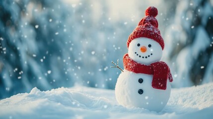 Obraz premium A snowman with a red hat and scarf is standing in the snow.
