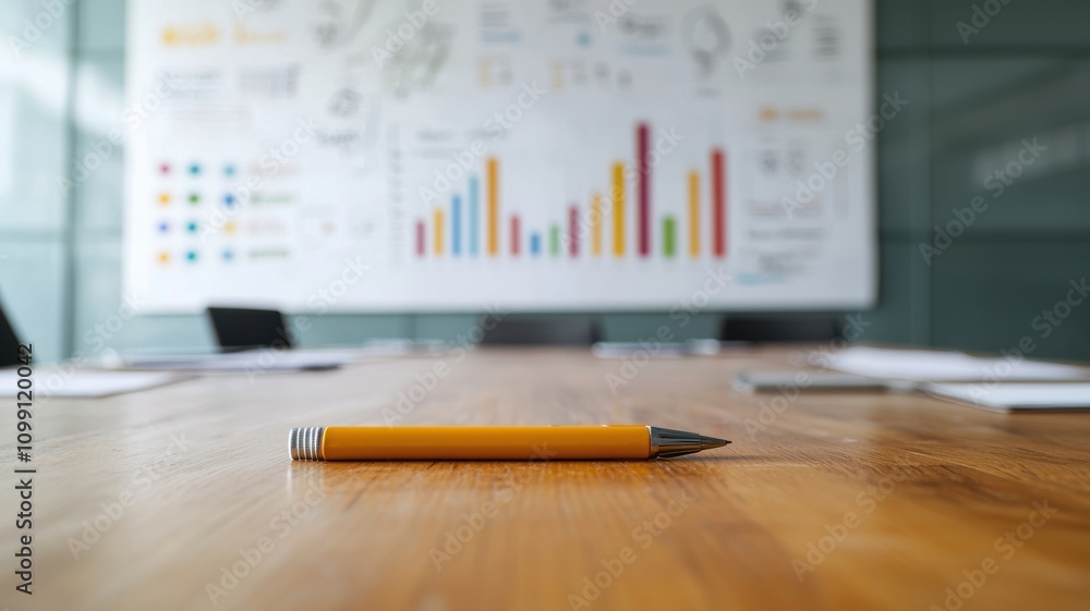 Poster a close-up of an orange pencil on a wooden conference table with a blurred background featuring colo