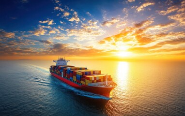 Fototapeta premium A high-angle aerial shot of a cargo ship carrying containers, sailing in the open ocean under bright sunlight, taken from a drone's perspective, symbolizing global business 