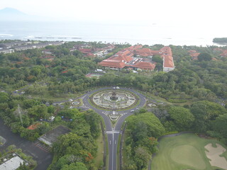Aerial view of a luxury resort and roundabout in Nusa Dua, Bali, Indonesia