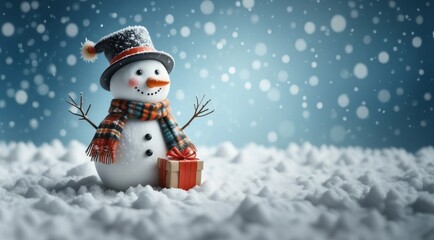 Fototapeta premium Funny Snowman in the Snow Landscape. Christmas greeting card. Happy Snowman. Snowman for Christmas and New Year. winter snowy forest. Winter holidays. Christmas theme. Christmas banner.