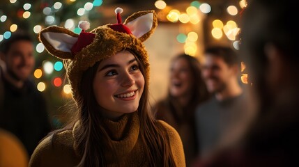 Fototapeta premium Girl Wearing Reindeer Hat Smiles At Christmas Party