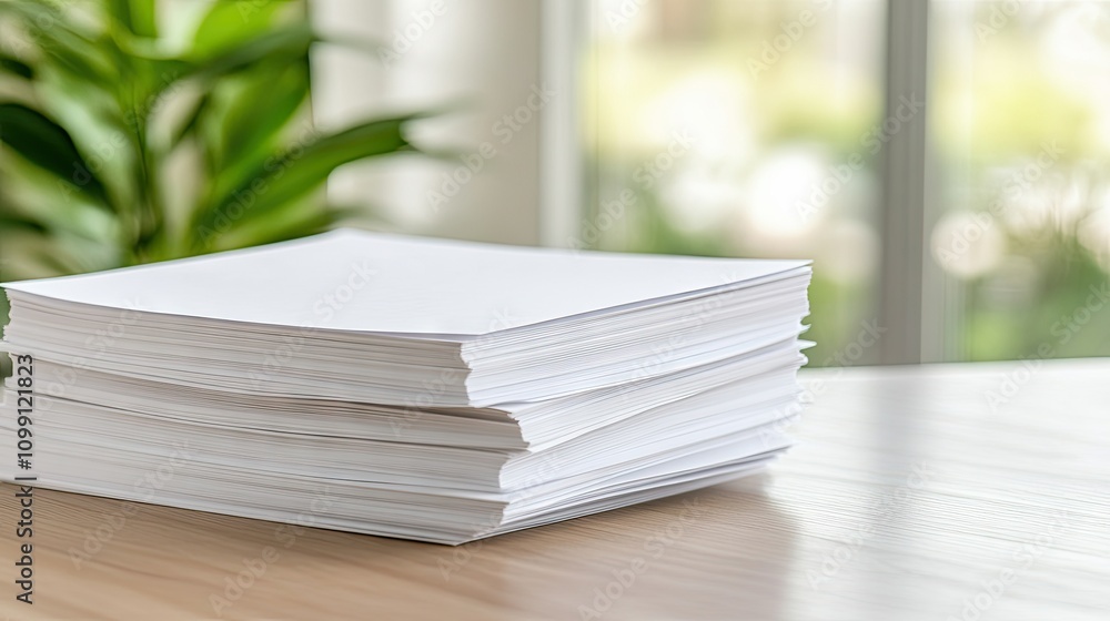 Poster white paper stacks on office table with workspace elements and natural light background