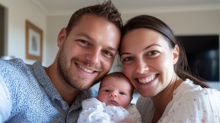 Obraz premium Happy family selfie with a newborn baby in a cozy home setting.