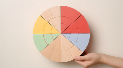 Fototapeta premium A colorful wooden puzzle wheel with eight segments, promoting cognitive skills and creativity.