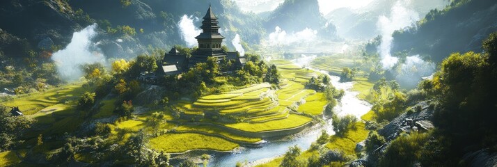 Lush landscape featuring terraced fields and a traditional pagoda amidst mountains.