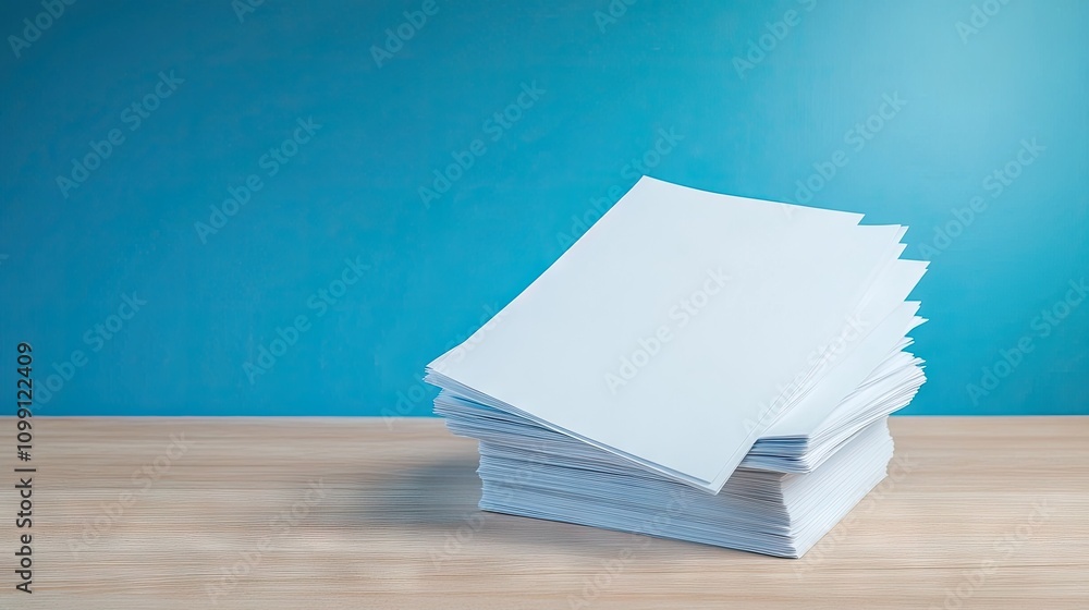 Poster organized workspace with a clean pile of white paper ready for various creative projects and brainst