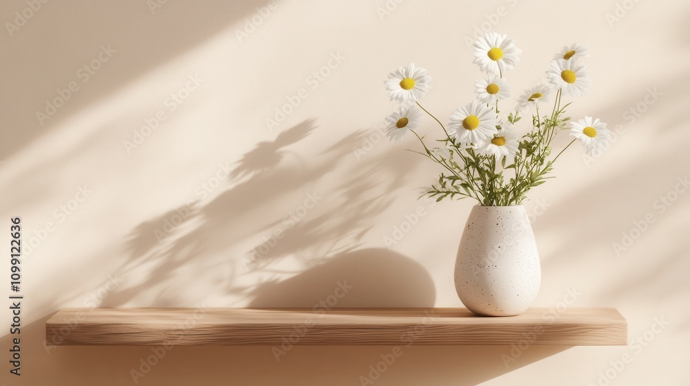 Poster a minimalist shelf with a vase of daisies casting soft shadows on a light wall.