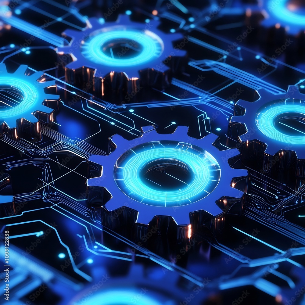 Poster blue gradient gears interconnected with glowing circuit lines futuristic technology concept in a min