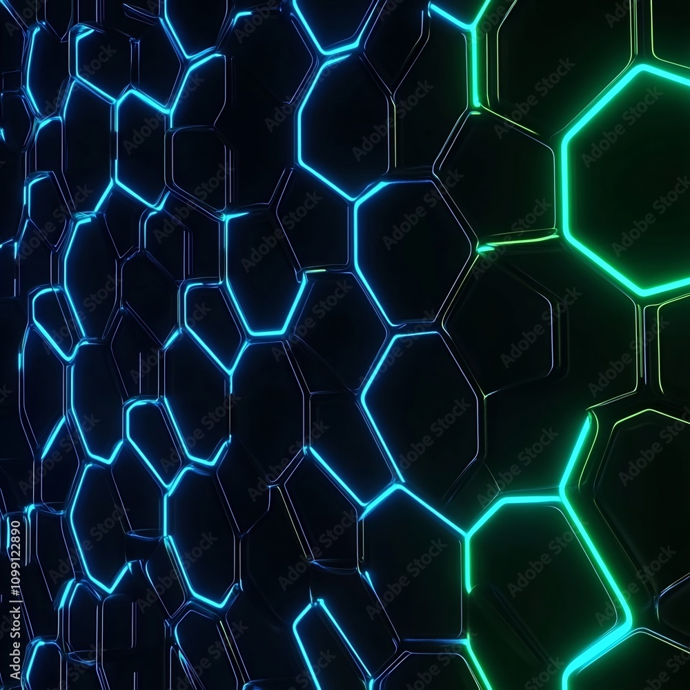 Aufkleber captivating minimalist hexagon grid with glowing neon blue and green lights on a dark futuristic bac