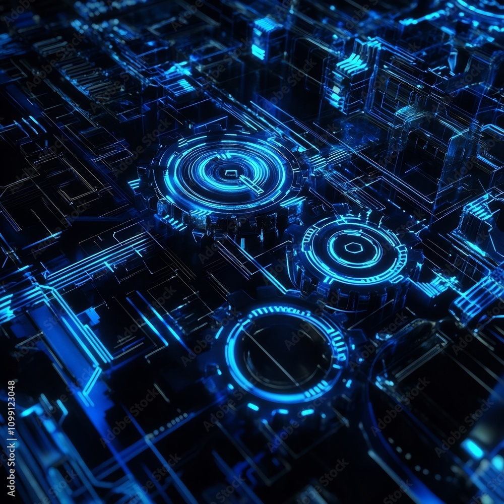 Poster detailed image of blue glowing gears and circuit lines in a futuristic and abstract technology style