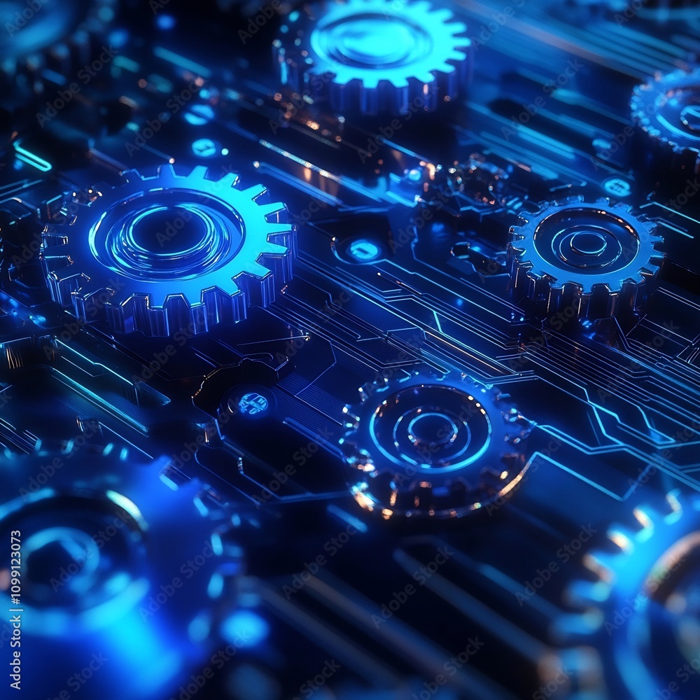 Poster detailed futuristic blue gradient gears interlinked with glowing digital circuit patterns creating a