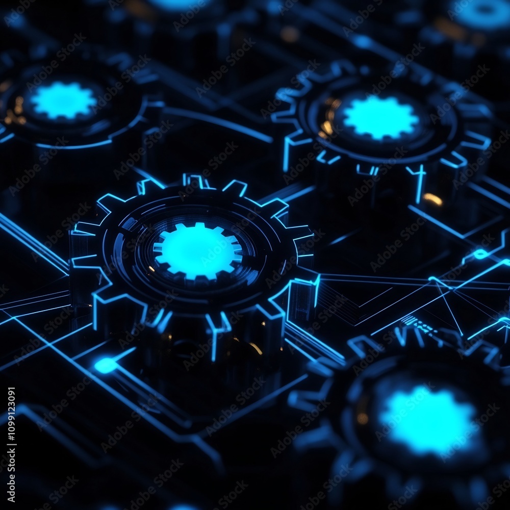 Poster digital technology theme with glowing blue gears connected by circuit lines futuristic concept minim