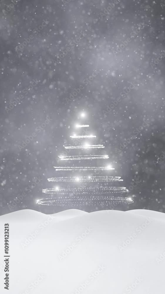 Poster magic snow landscape with christmas tree and snowfall loop vertical background.