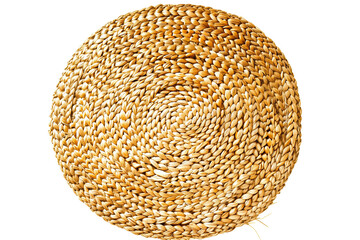 round rug isolated on white, straw carpet circle decor isolated on white. Modern boho, bohemian, scandinavian style details.