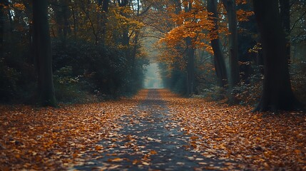 Fototapeta premium A peaceful forest path covered in fallen autumn leaves and surrounded by golden trees