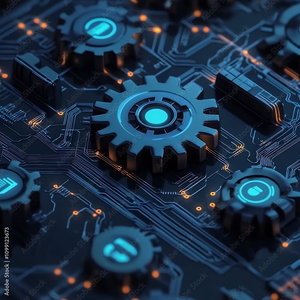 Poster interconnected blue gears with glowing circuit pathways abstract futuristic high tech design minimal