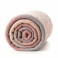 Naklejka premium close up of rolled knit blanket in pink gray and beige colors on white background