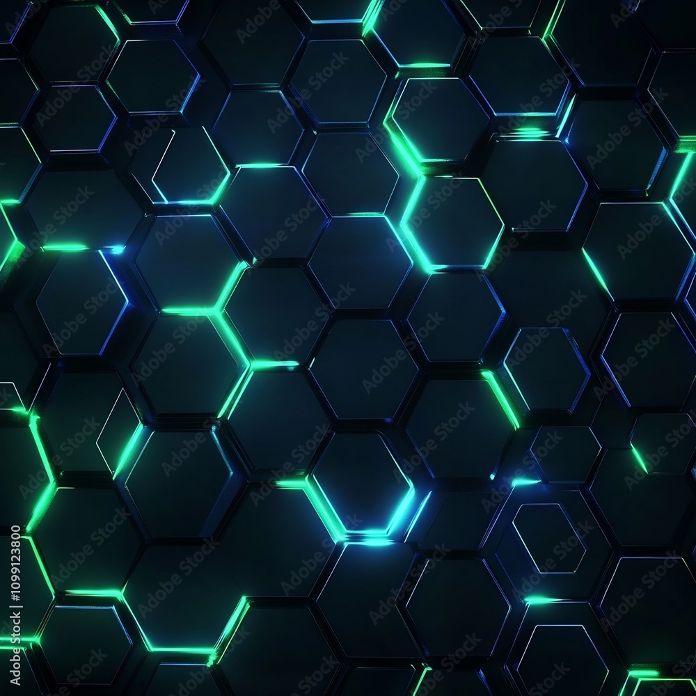 Aufkleber mesmerizing abstract background featuring illuminated neon blue and green hexagonal shapes on a dark