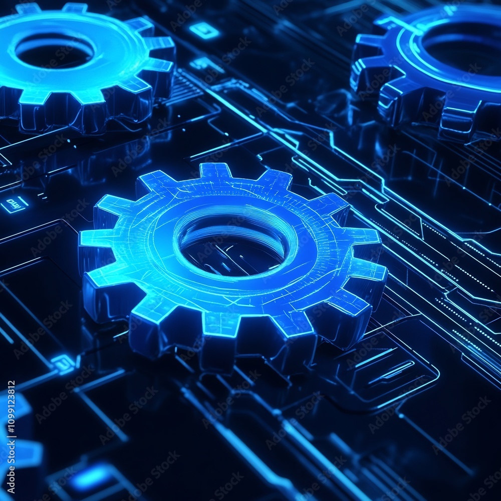 Poster intricate interconnected futuristic blue gradient gears patterned with glowing digital circuit desig