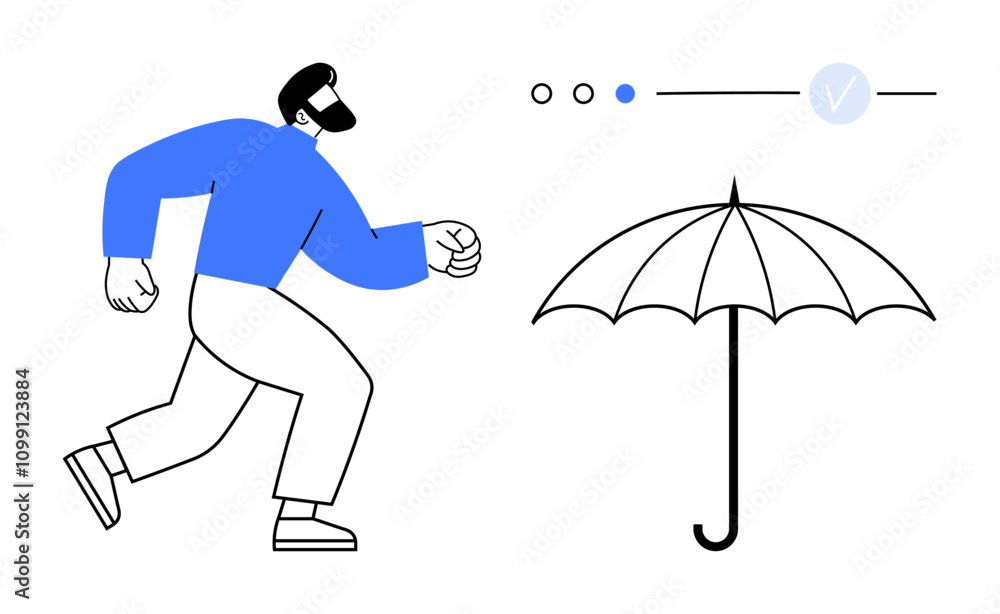 Poster man running in blue outfit towards black umbrella. progress bar with three stages and checkmark. ide