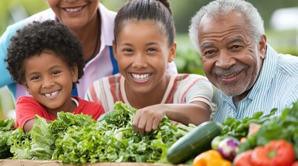 Happy family enjoying fresh vegetables in a garden setting.