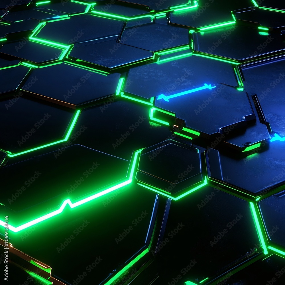 Poster modern tech background with illuminated hexagonal shapes in vibrant green and blue neon tones showca