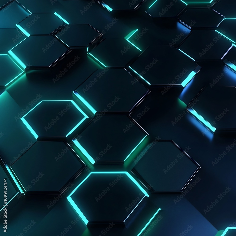 Poster stunning background with illuminated hexagonal shapes in vibrant neon green and blue tones creating 