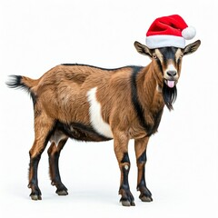 cute brown and white goat wearing a red santa hat with tongue out against a white background