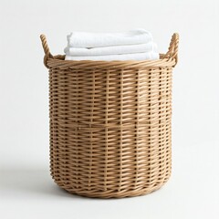 Obraz premium beige wicker basket with white towels on white background