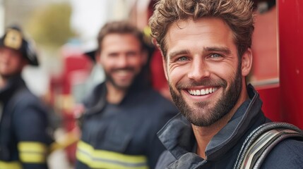 Fototapeta premium Smiling firefighter with colleagues at fire station, showcasing teamwork, bravery, and community service with vivid expressions in professional gear